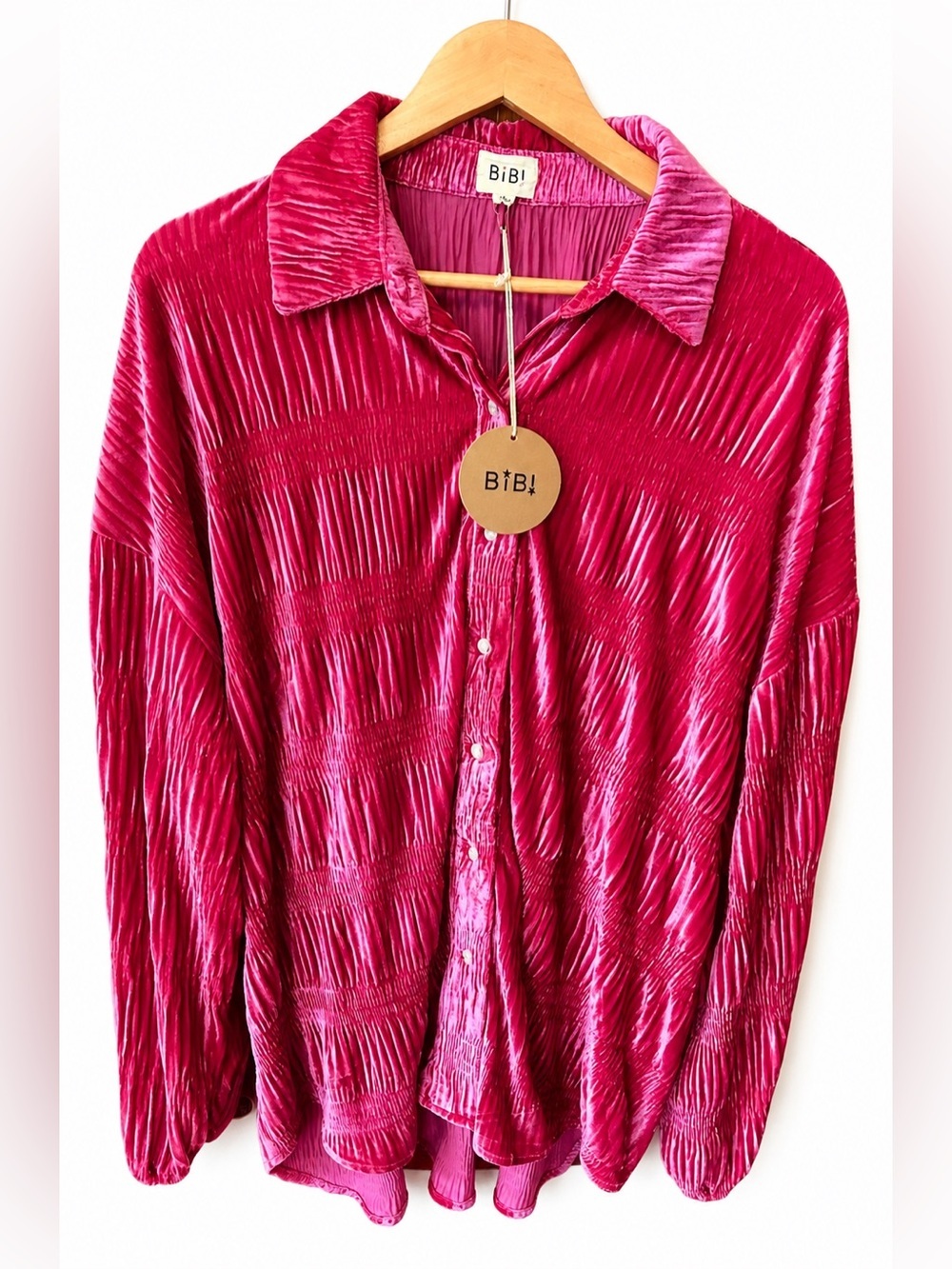 NWT-BiBi Hot Pink Crushed Velvet Button Down Blouse- Size large